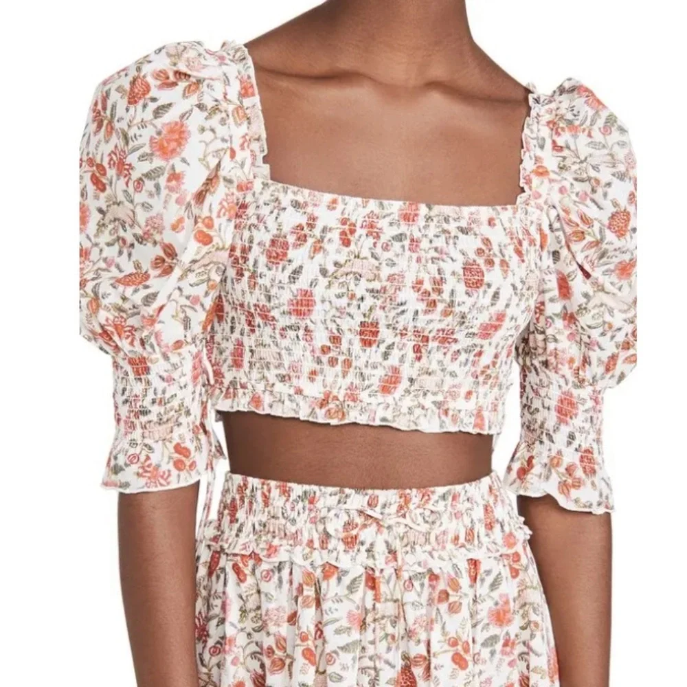 Nwt Playa Lucila Puff Sleeve Smocked Floral Top Orange Floral